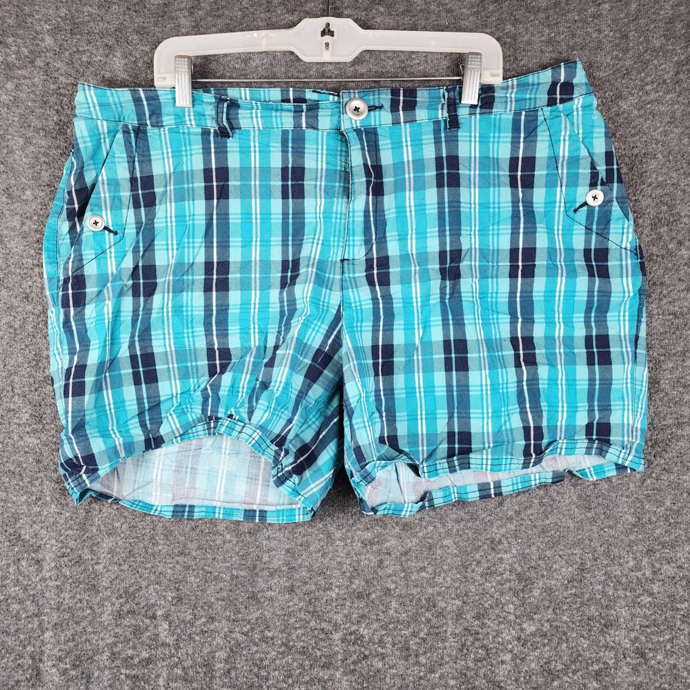 Lane Bryant Plaid Shorts Womens 22 Turquoise Navy Blue Check Stretch Mid Rise